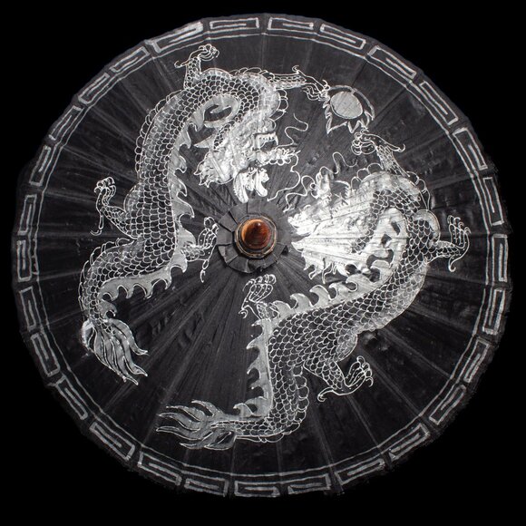 Vintage Chinese Black Paper Parasol With Silver Dragon Design - Picture 1 of 10